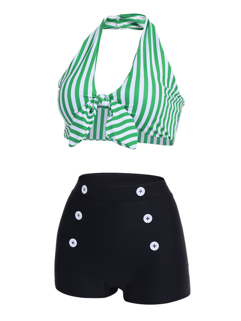 Bikini con ferretto fiocco a righe retrò blu anni '50