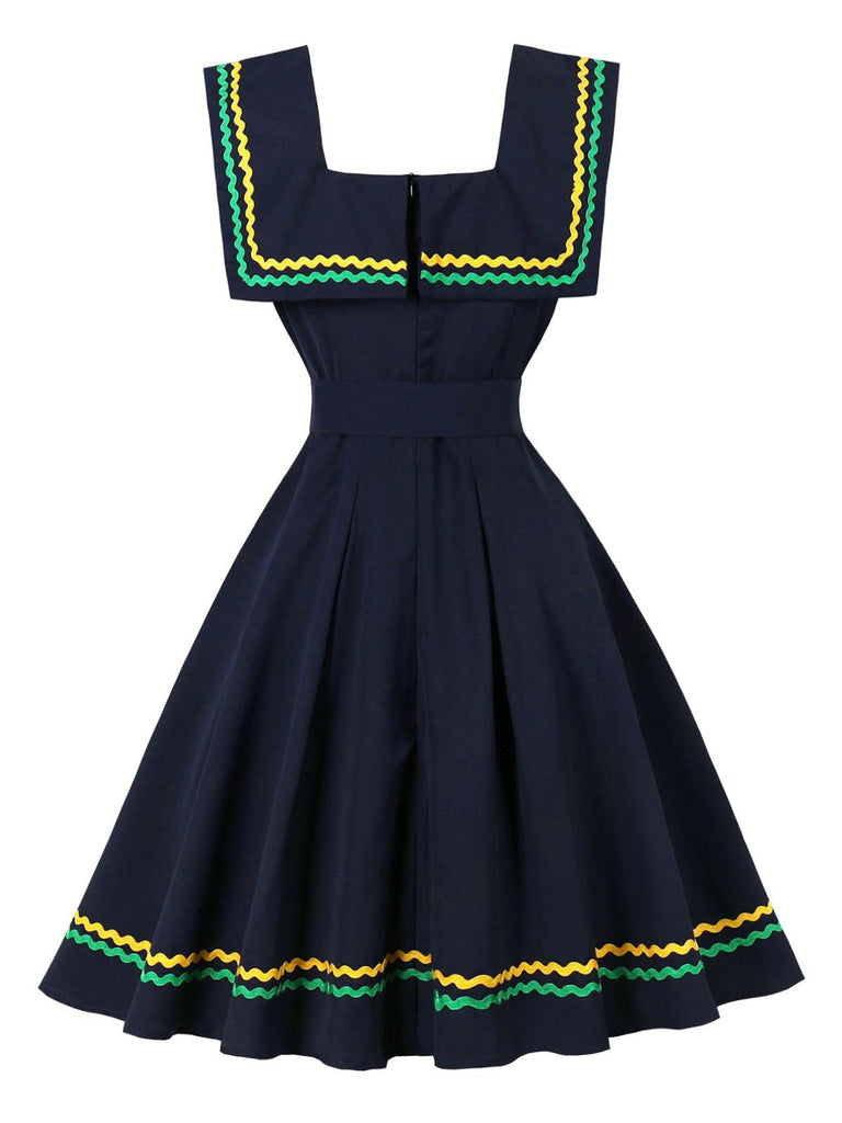 Abito a righe ondulate con scollo quadrato blu navy anni '50