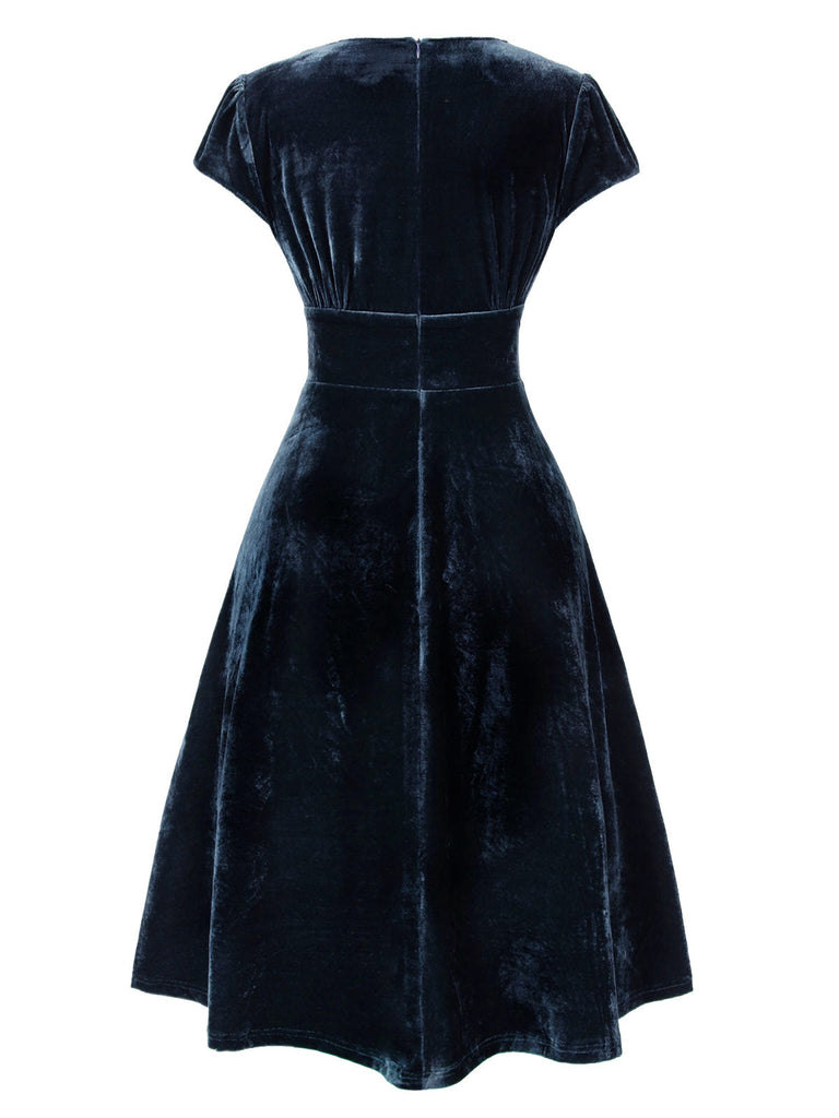 Abito in velluto perla scollo a V profondo blu anni '40