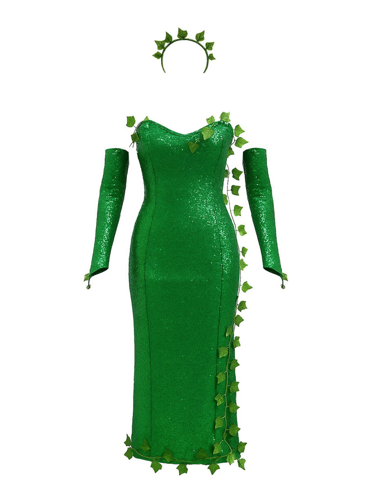 Completo con fascia multi-foglia e abito paillettes verde anni '70