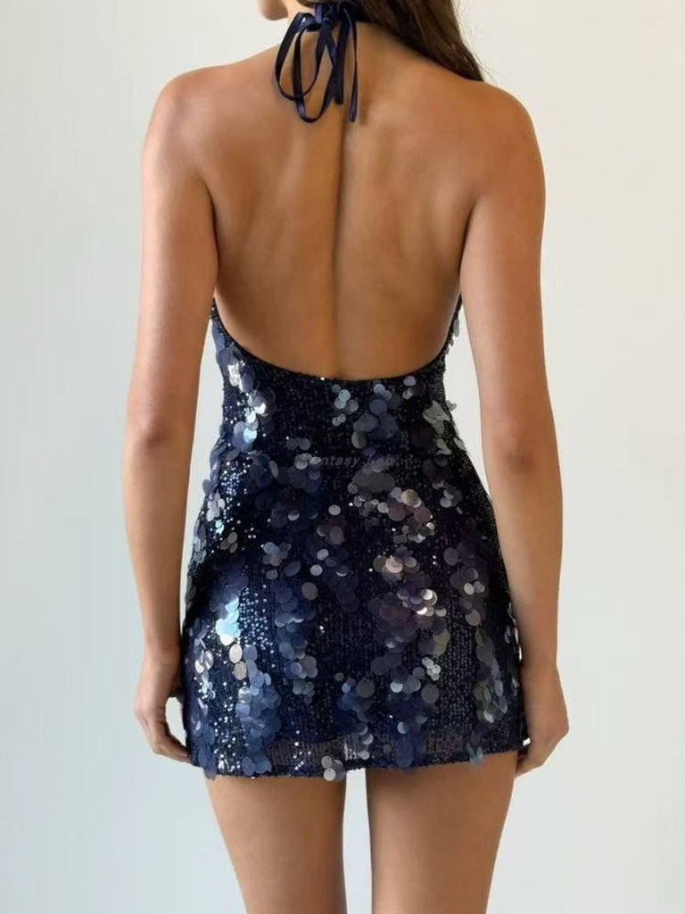 Abito con paillettes e scollo all'americana blu scuro anni 2000