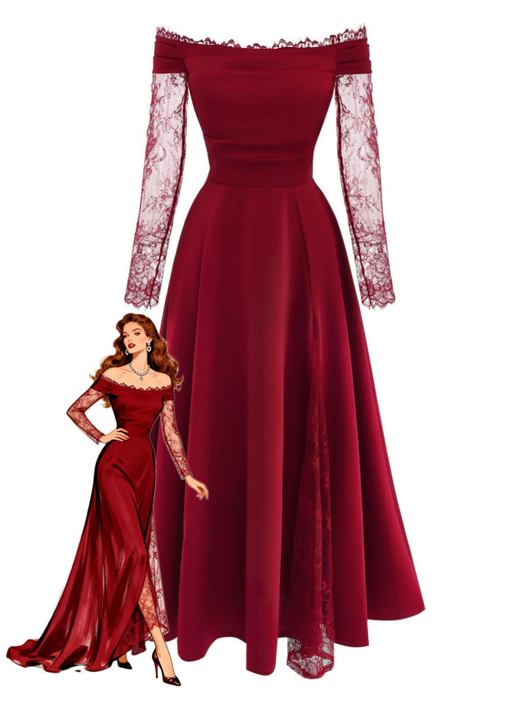 Abito bordeaux anni '30 in pizzo e spalle scoperte