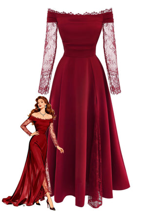 Abito bordeaux anni '30 in pizzo e spalle scoperte