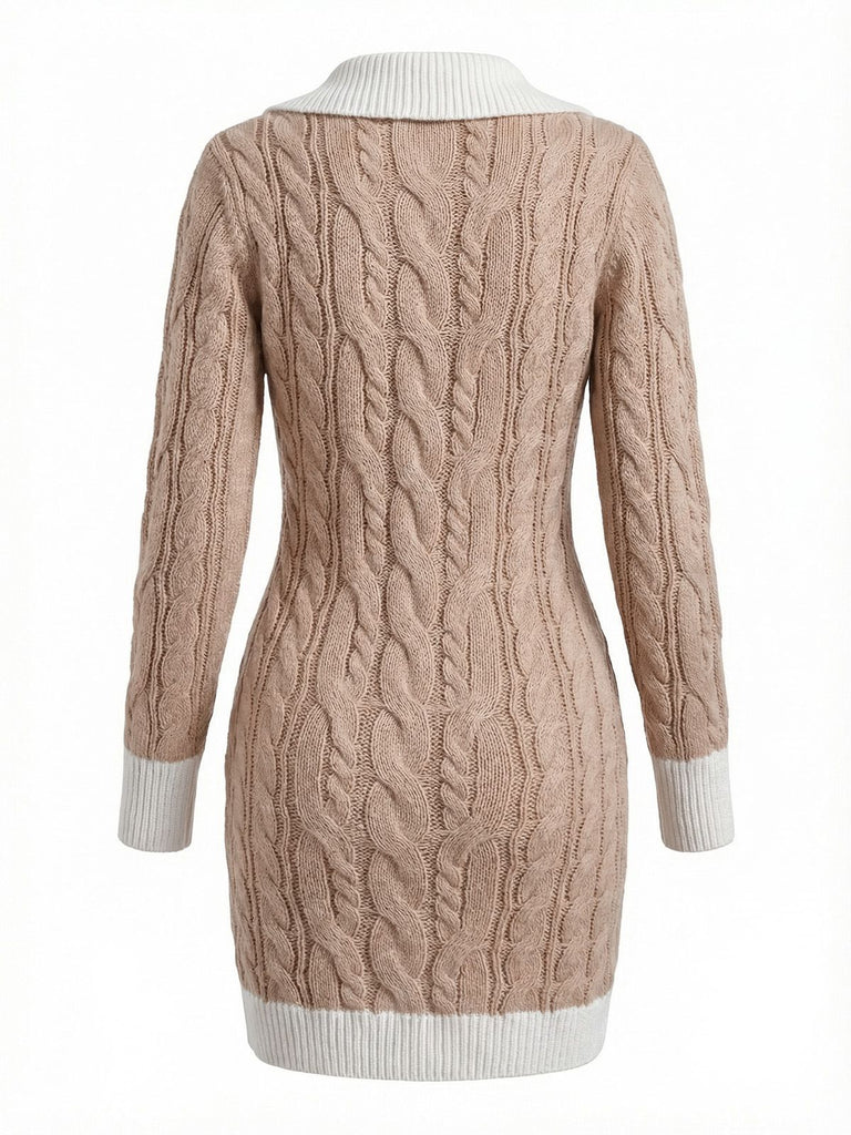 Abito aderente in maglia con scollo a V e trecce beige anni '60