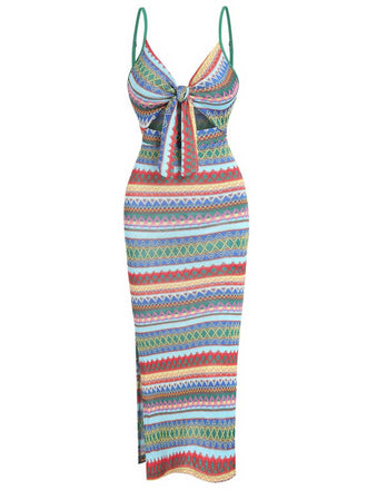 Abito boho a righe con lacci colorate anni '70