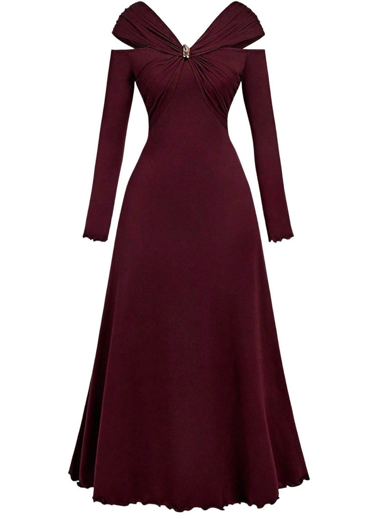 Abito plissettato con spalle scoperte bordeaux anni '40