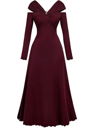 Abito plissettato con spalle scoperte bordeaux anni '40