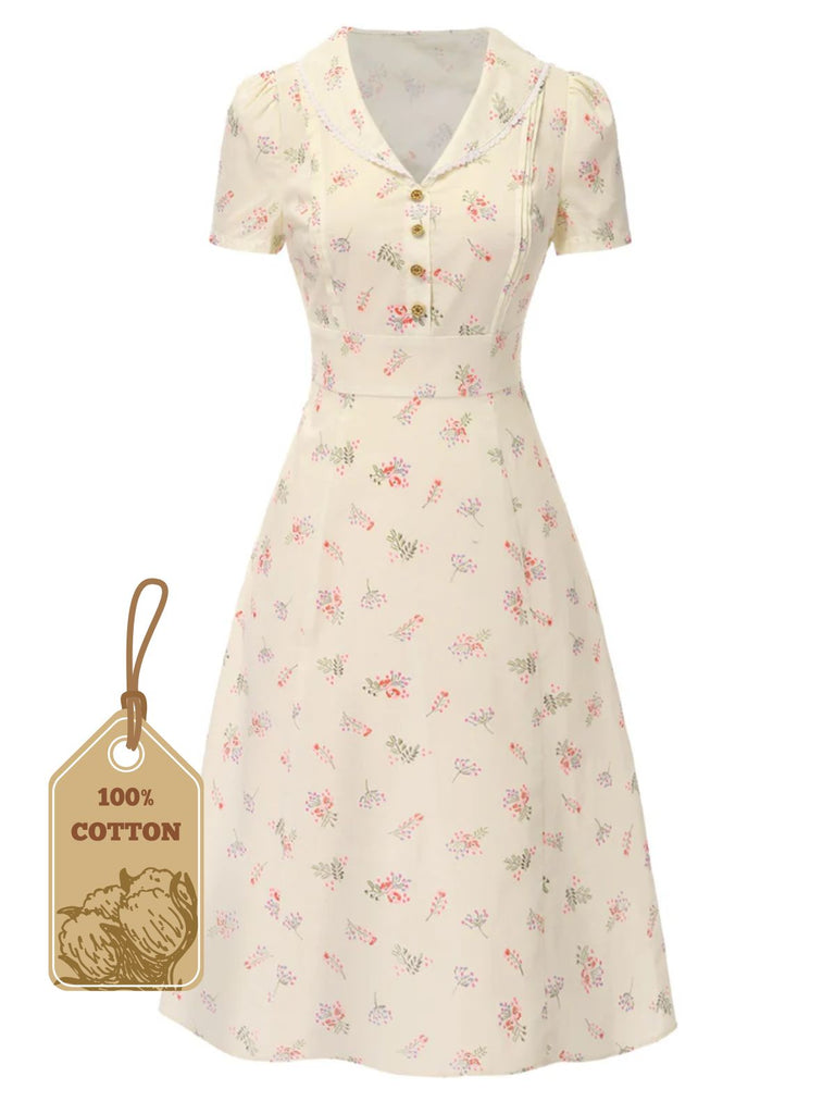 Abito floreale maniche a sbuffo puro cotone blu anni '40