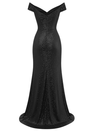 Abito lungo con spacchi glitterati e spalle scoperte nero anni '30