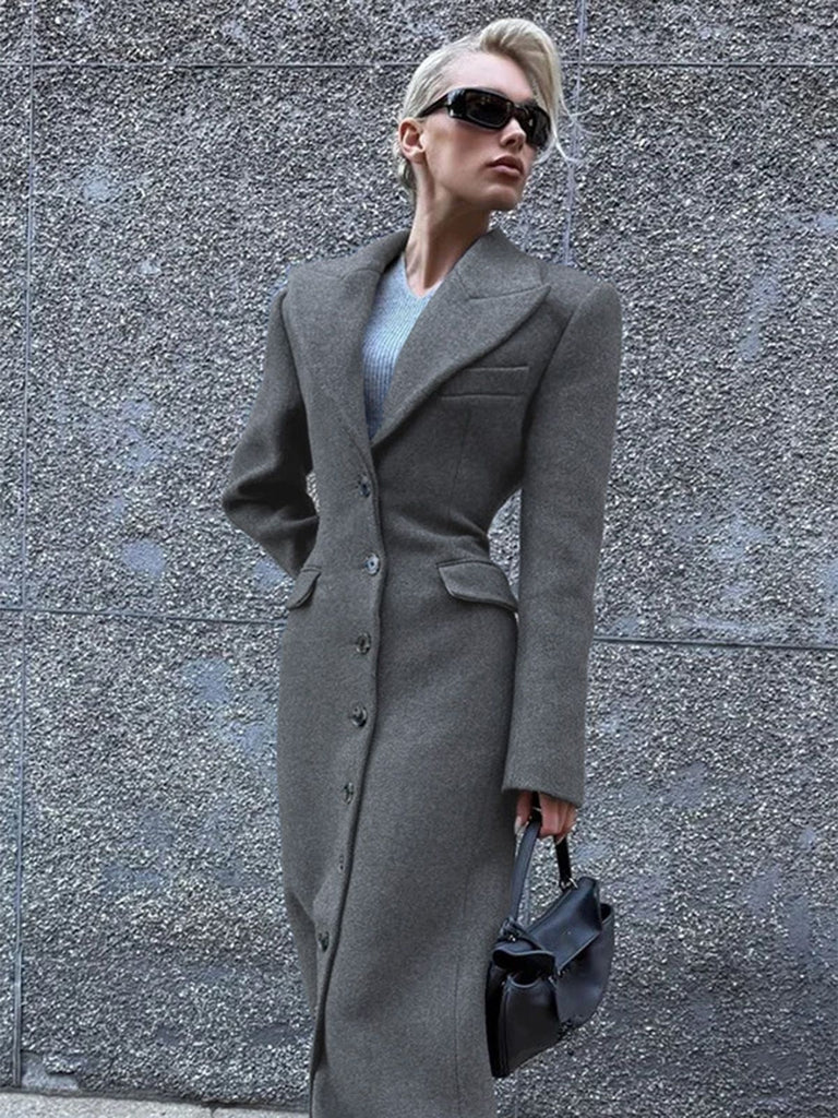 Cappotto in finta lana con bottoni e revers a tinta unita grigio anni '30