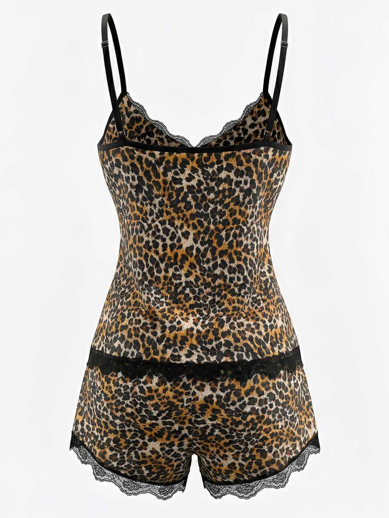 Pigiama in pizzo leopardato con spalline sottili marrone anni '70