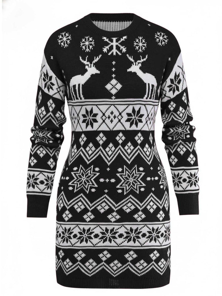 Abito in maglia jacquard con fiocco di neve e renne natalizie anni '60