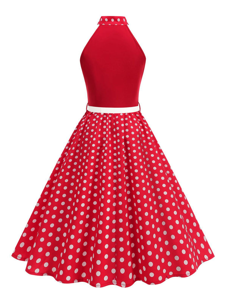 Abito a pois con cintura e collo a fiocco anni '50