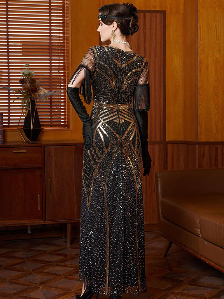 Abito lungo in paillettes e nappe con scollo a V oro anni '20
