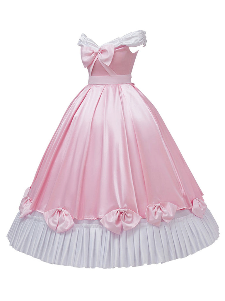 Abito da principessa con fiocco in raso spalle scoperte rosa anni '50