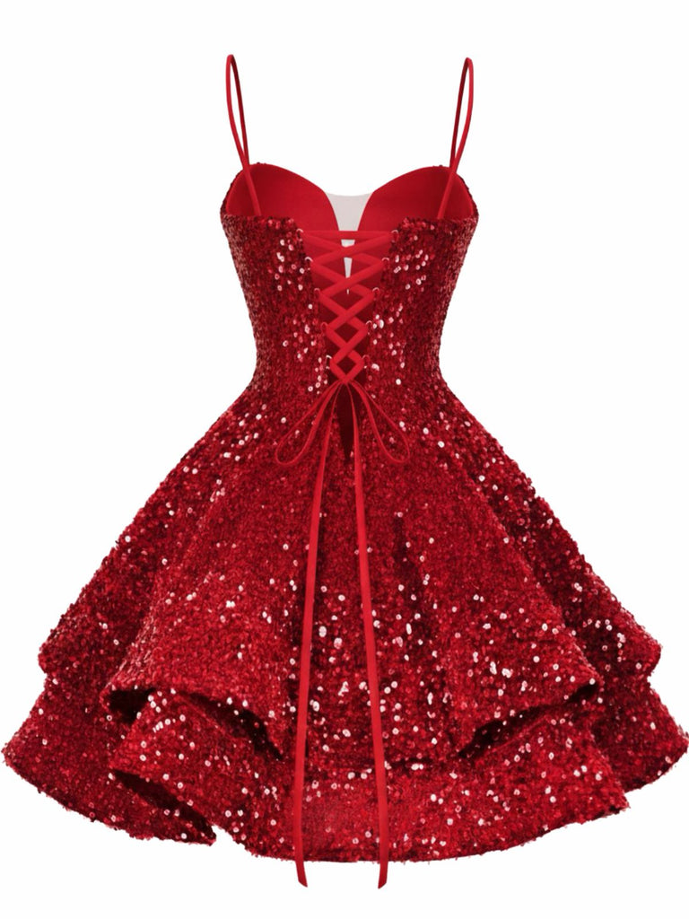 Mini abito da festa con scollo a V profondo e lacci rosso anni '50