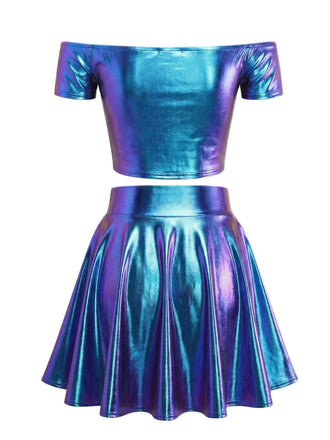 2PCS Top disco metallizzato con spalle scoperte e gonna anni '70