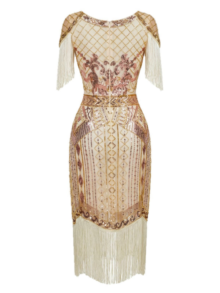 Abito flapper con frange di paillettes e scollo a V anni '20