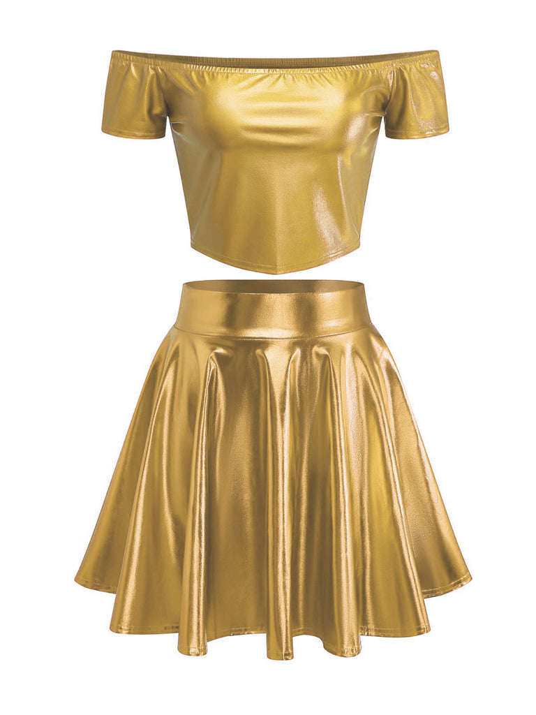 2PCS Top disco metallizzato con spalle scoperte e gonna anni '70