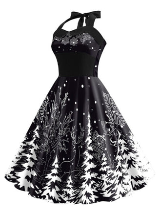 Abito albero di Natale con scollo all'americana nero anni '50