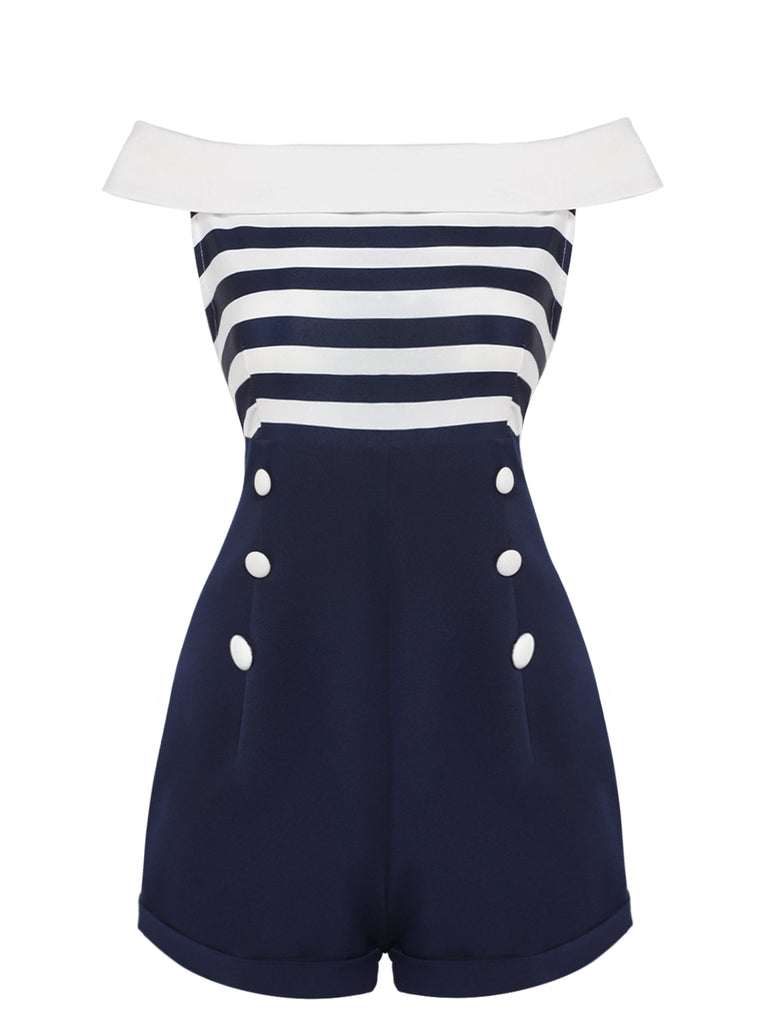 Tuta corta a righe spalle scoperte patchwork blu navy anni '50