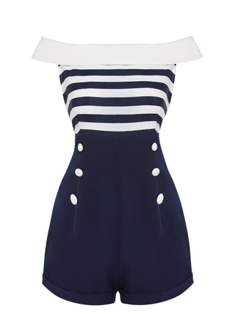 Tuta corta a righe spalle scoperte patchwork blu navy anni '50