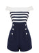 Tuta corta a righe spalle scoperte patchwork blu navy anni '50