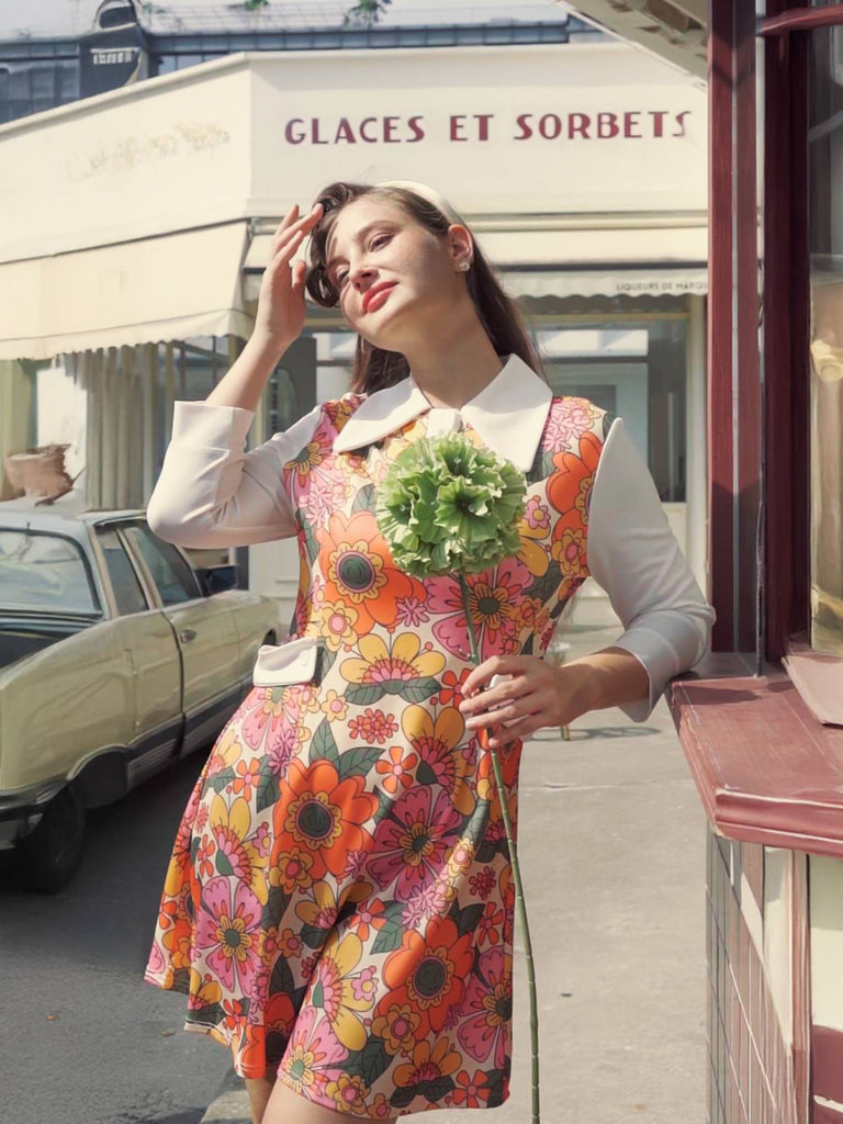 Abito patchwork fioreale a risvolto arancione anni '60