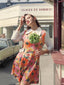 Abito patchwork fioreale a risvolto arancione anni '60