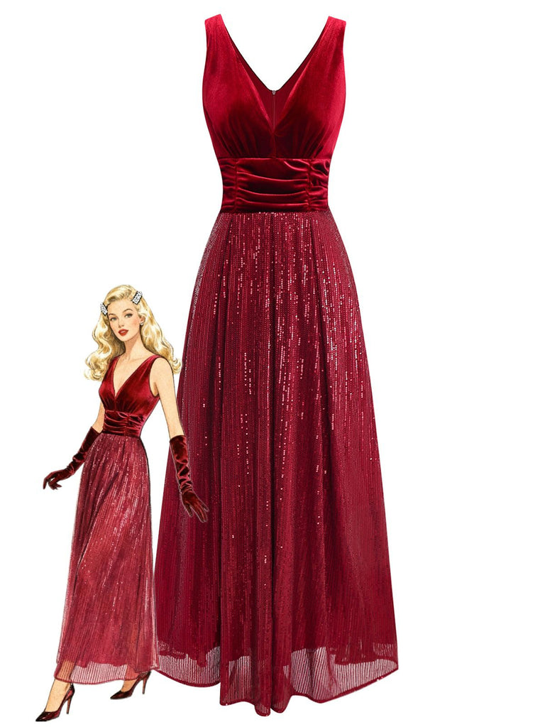 Abito lungo paillettes in velluto con scollo a V bordeaux anni '50