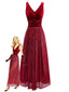 Abito lungo paillettes in velluto con scollo a V bordeaux anni '50