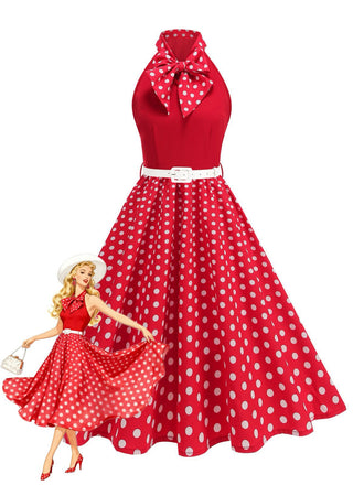 Abito a pois con cintura e collo a fiocco anni '50