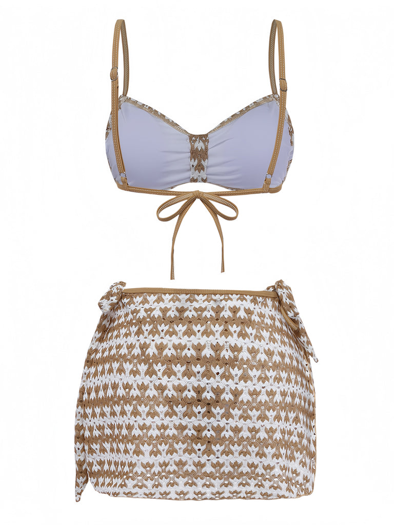 Copricostume 3PCS Khaki all'Uncinetto Hollow Bikini Set & Anni '50 3