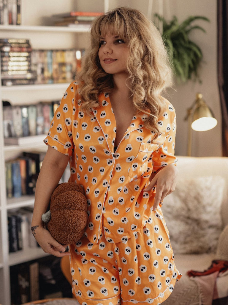 Pigiama con teschio cartoni Halloween arancione anni '70