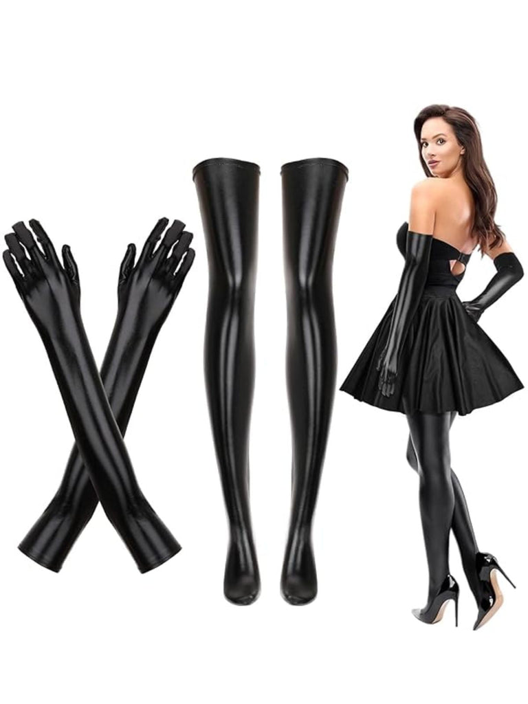 Set di guanti in pelle nero e calzini alti fino alla coscia Halloween
