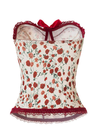 Corsetto senza spalline in pizzo con rose rosso anni '70