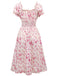 Abito floreale con scollo a V e maniche a sbuffo rosa anni '40