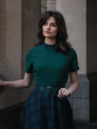 Abito patchwork plaid con collo annodato verde anni '50