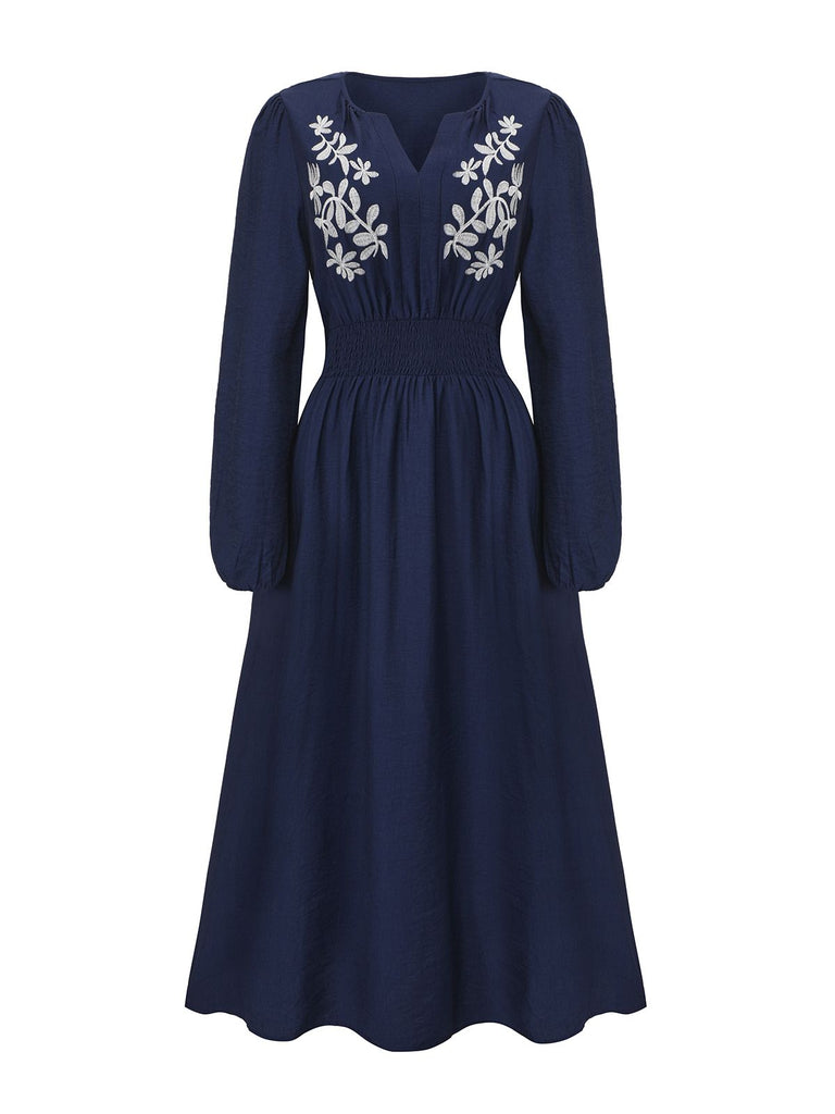 Abito lungo con ricami floreali blu navy anni '70