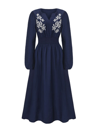 Abito lungo con ricami floreali blu navy anni '70