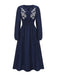 Abito lungo con ricami floreali blu navy anni '70