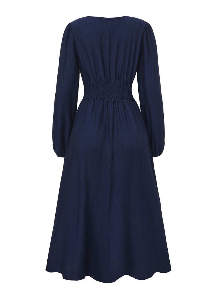 Abito lungo con ricami floreali blu navy anni '70