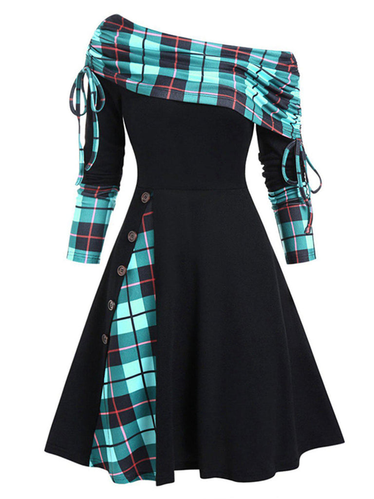 Abito a quadri a spalle scoperte e patchwork anni '50