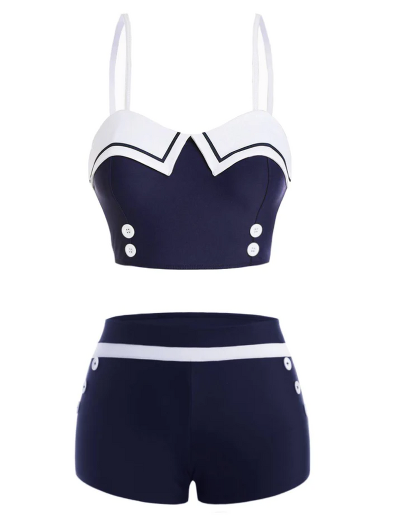 Costumi con bottoni spaghetti blu navy anni '50