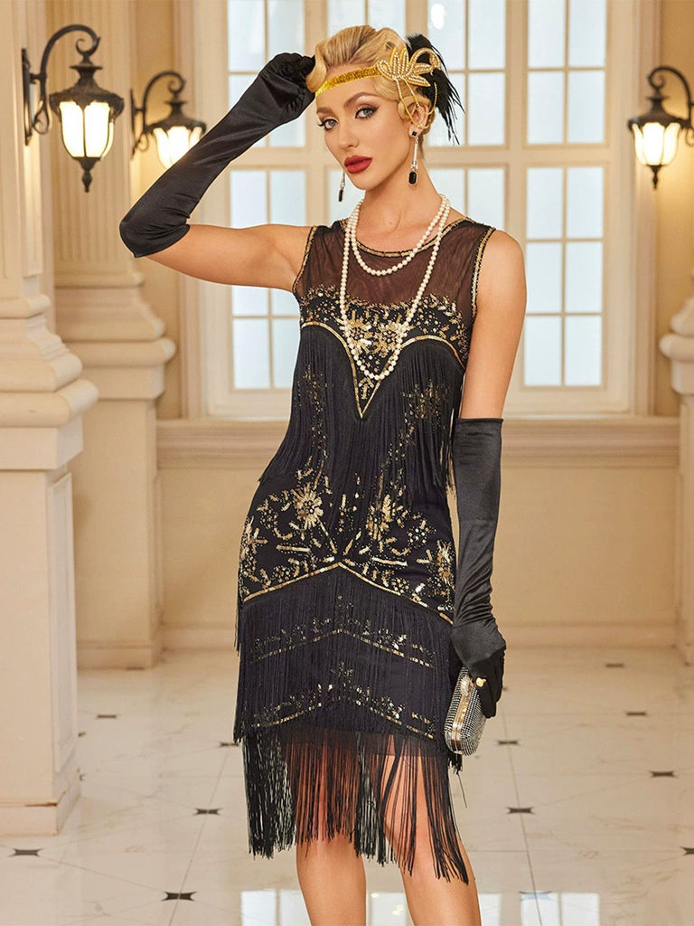 Abito flapper con nappe e perline e paillettes anni '20