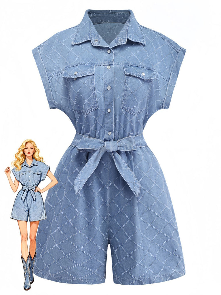 Tuta corta blu anni '80 multiuso in denim con bottoni