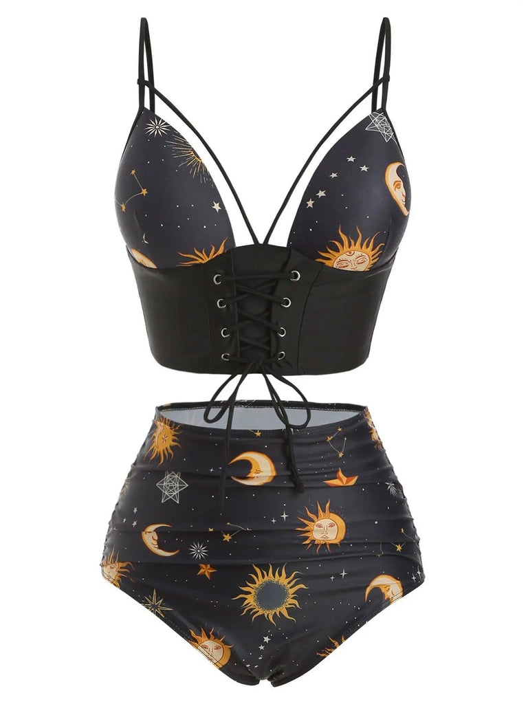 Costume da bagno lacci sole luna stelle viola anni '40