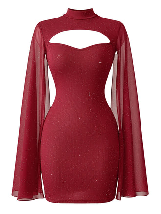 Abito aderente con mantello in chiffon di perle rosso anni '80