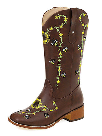 Stivali da cowgirl western ricamati con girasoli marroni a metà polpaccio