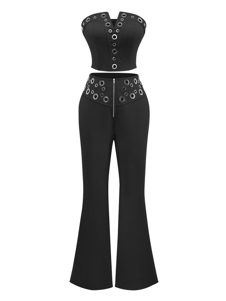 2PCS Top punk senza spalline con fibbia in metallo e pantaloni anni '70
